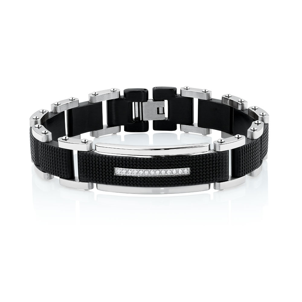 Men's Bracelet with Cubic Zirconia in Black PVD Plated Stainless Steel