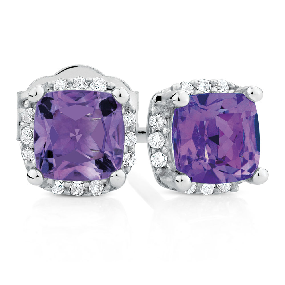 Stud Earrings with Amethyst & Diamonds in 10ct White Gold