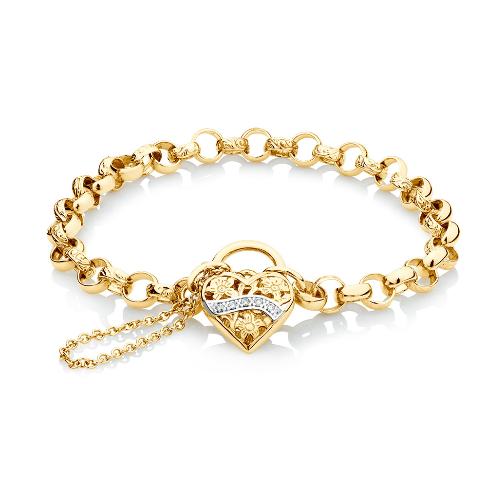Diamond Set Padlock Belcher Bracelet in 10ct Yellow Gold
