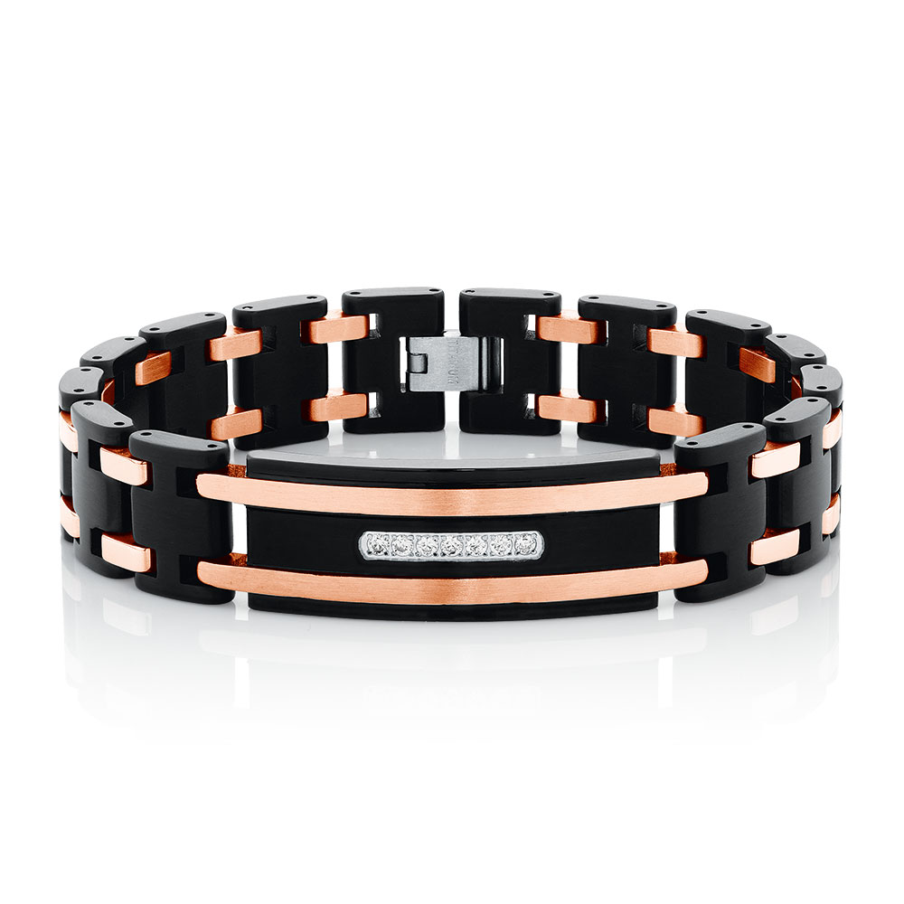 Men's Bracelet with Cubic Zirconia in Black PVD & Rose Plated Stainless