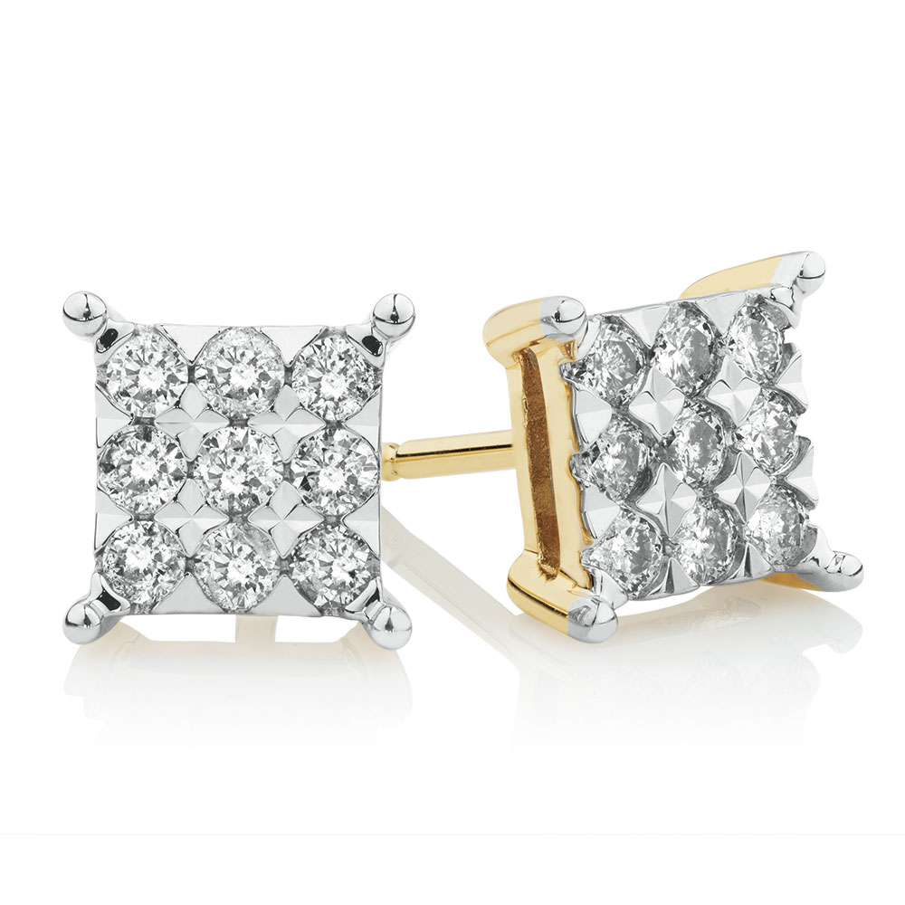 Square Stud Earrings with 1/2 Carat TW of Diamonds in 10ct Yellow Gold