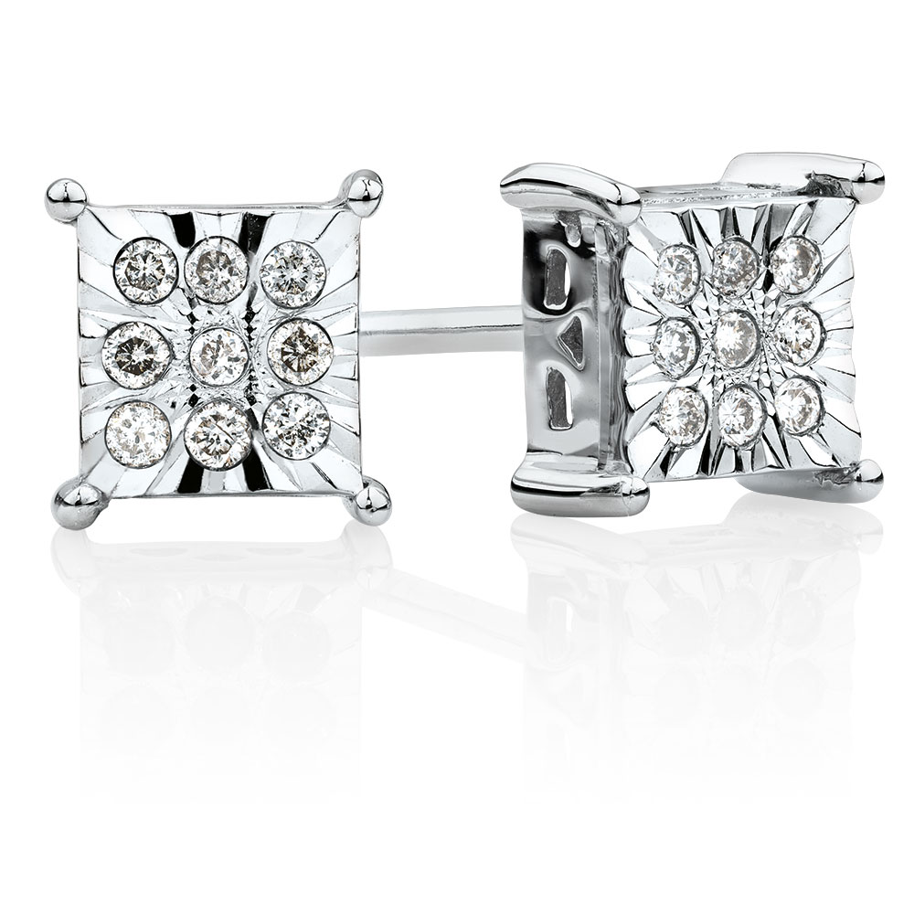 Square Stud Earrings with Diamonds in Sterling Silver