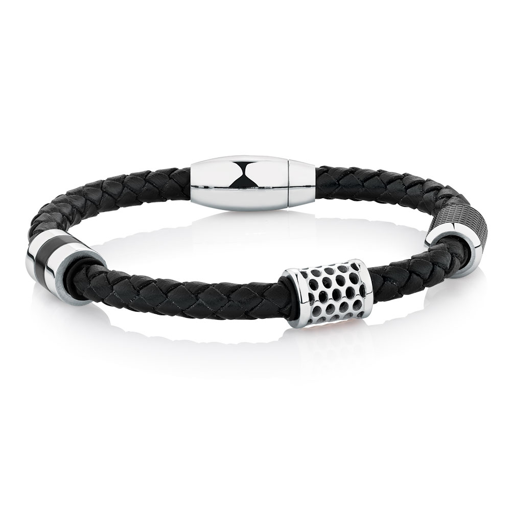 Men's Bracelet in Black Leather & Stainless Steel