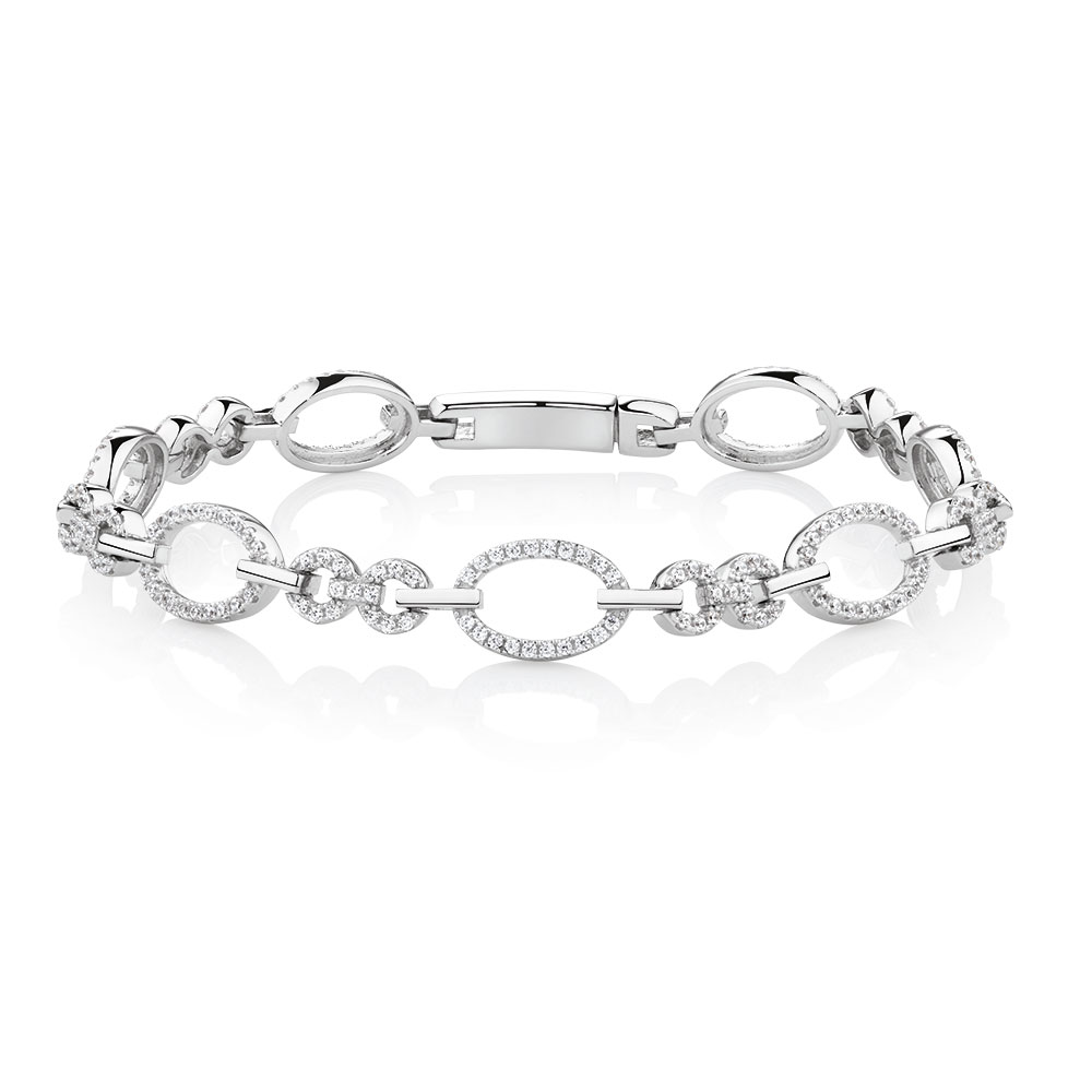 Oval Link Bracelet with Cubic Zirconia in Sterling Silver