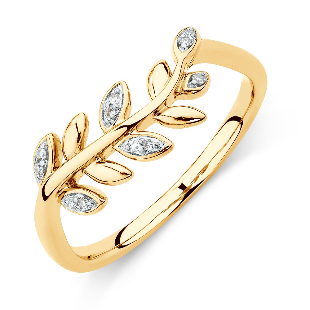 Olive Leaf Ring with Diamonds in 10ct Yellow Gold