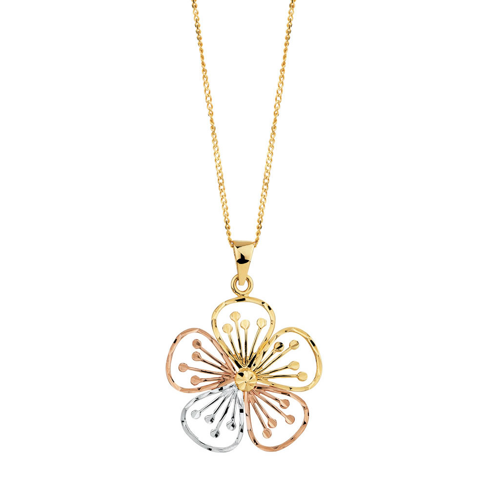 Flower Pendant in 10ct Yellow, White & Rose Gold