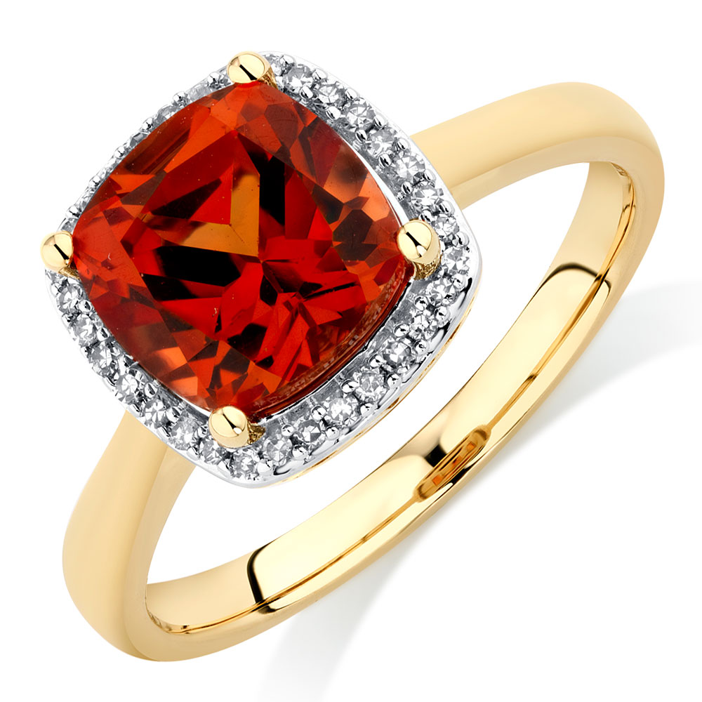 Ring with Created Orange Sapphire & Diamonds in 10ct Yellow Gold