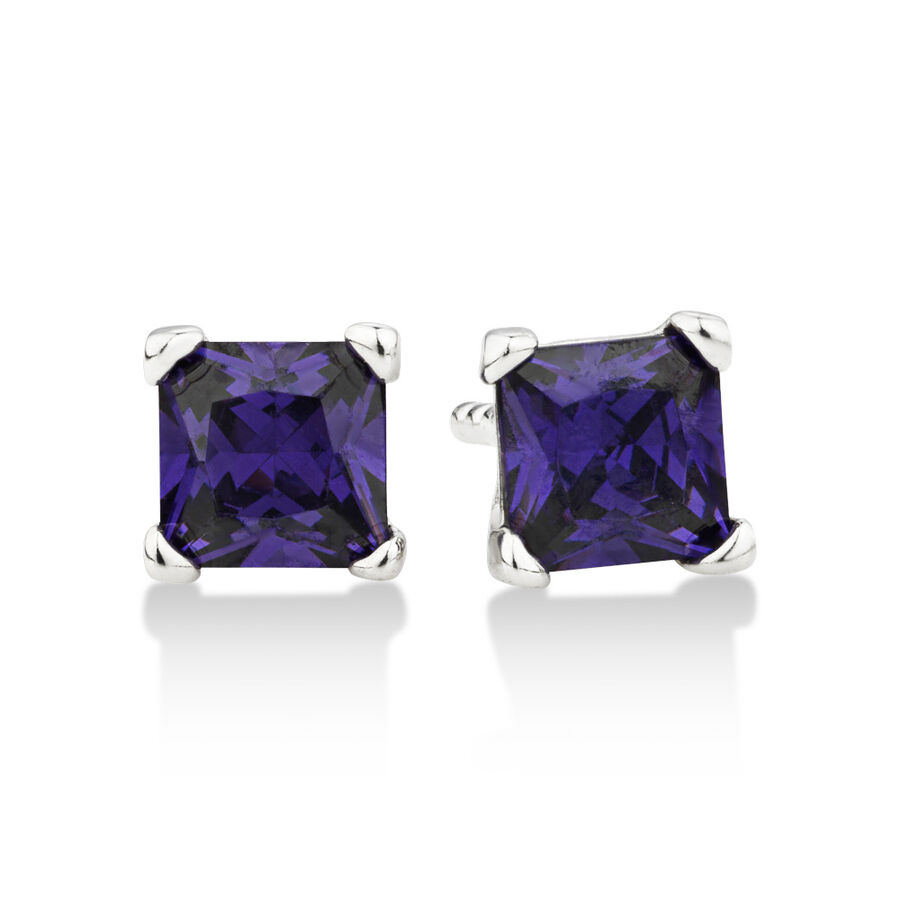 Square Stud Earrings with Purple Cubic Zirconia in Sterling Silver