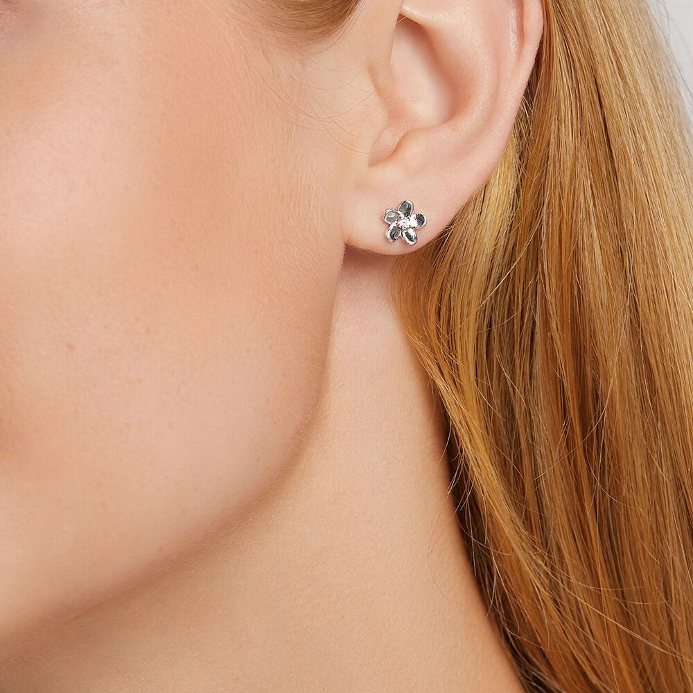 Flower Stud Earrings with Cubic Zirconia in Sterling Silver