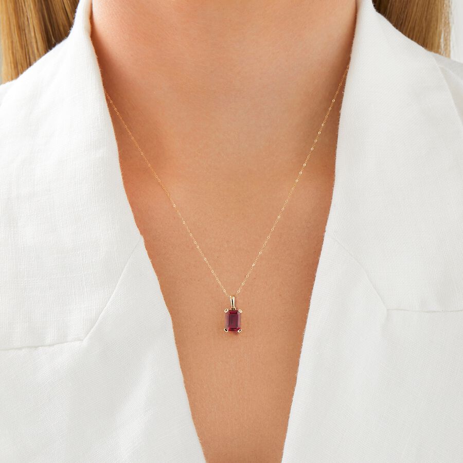 Emerald Cut Pendant with Created Ruby in 10ct Yellow Gold