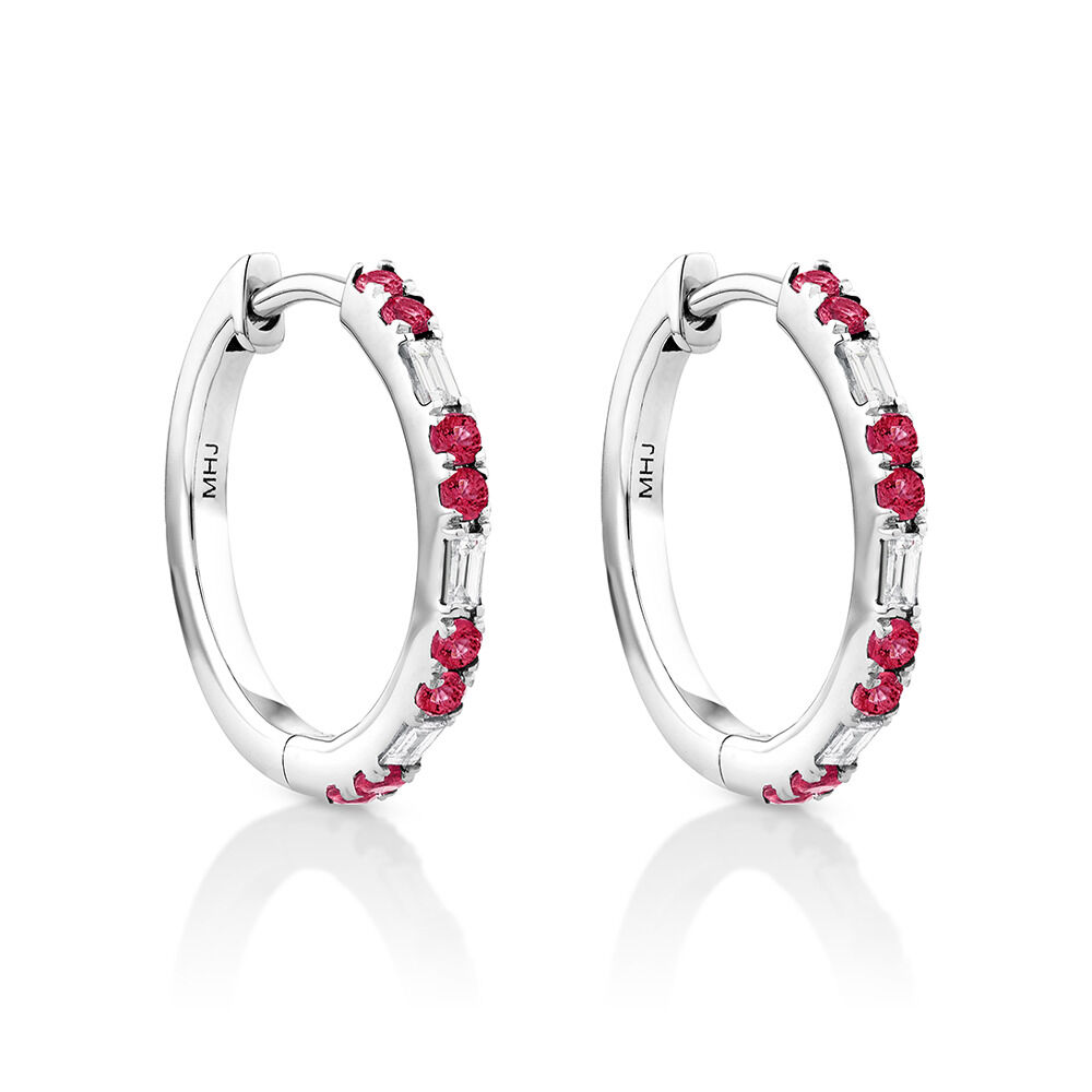Ruby Diamond Dot Dash Hoop Earrings with 0.14 Carat TW in 10kt
