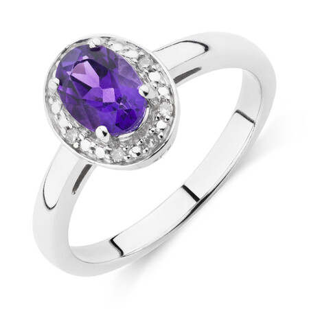 Halo Ring with Diamonds and Amethyst in Sterling Silver