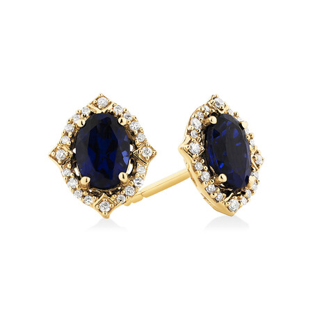 Earrings with Created Sapphire & Diamonds in 10kt Yellow Gold
