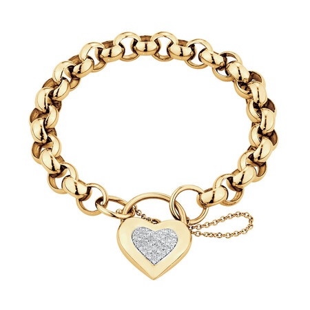 Belcher Bracelet with Diamond Set Heart Padlock in 10ct Yellow Gold Belcher Bracelet with Diamond Set Heart Padlock in 10ct Yellow Gold