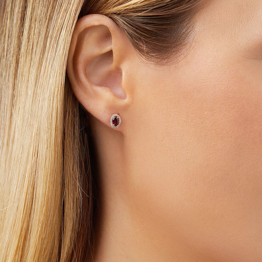 Halo Stud Earrings with Rhodolite Garnet 0.12 Carat TW of