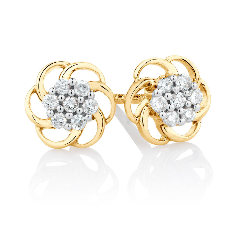 Flower Stud Earrings with Diamonds in 10ct Yellow Gold