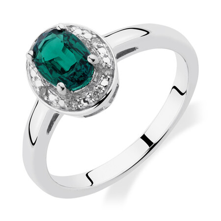 Halo Ring with Created Emerald & Diamonds in Sterling Silver