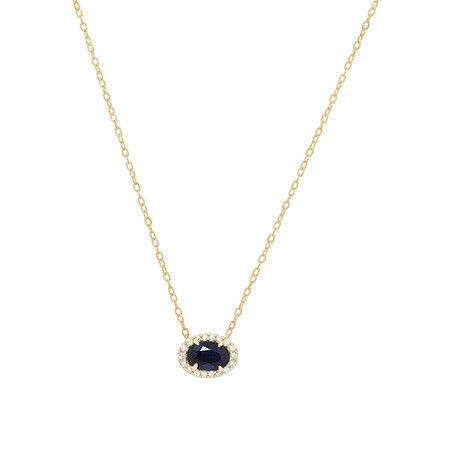 Halo Necklace with Sapphire & Diamonds in 10kt Yellow Gold