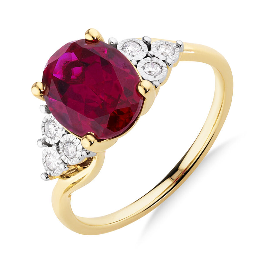 Ring with Laboratory Created Ruby & Natural Diamonds in 10kt Yellow Gold