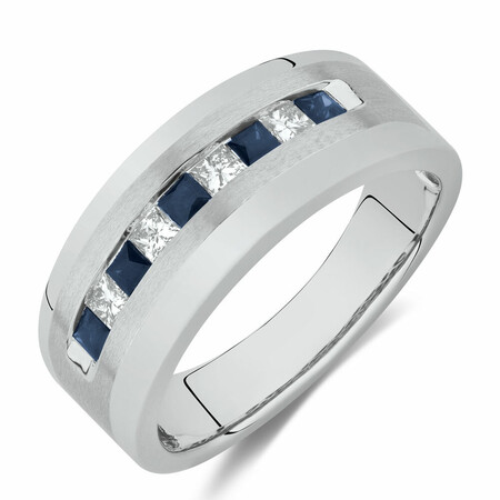 Men's Ring with 0.30 Carat TW of Diamonds & Sapphire in 10kt White Gold