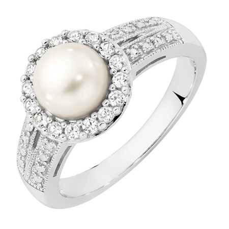 Ring with a Cultured Freshwater Pearl & Created White Sapphires in Sterling Silver Ring with a Cultured Freshwater Pearl & Created White Sapphires in Sterling Silver