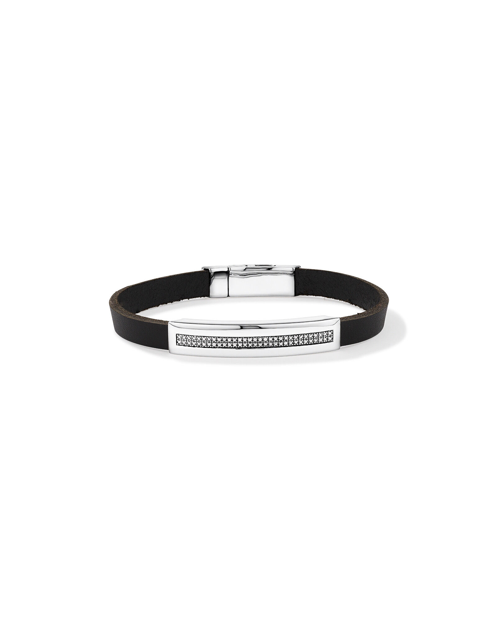 Men s Silver Leather 21cm Bracelet with 0.40 Carat TW of Black Diamonds