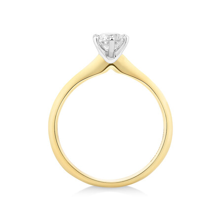 Certified Solitaire Engagement Ring with a 0.50 Carat TW Diamond in 18kt Yellow and White Gold Certified Solitaire Engagement Ring with a 0.50 Carat TW Diamond in 18kt Yellow and White Gold