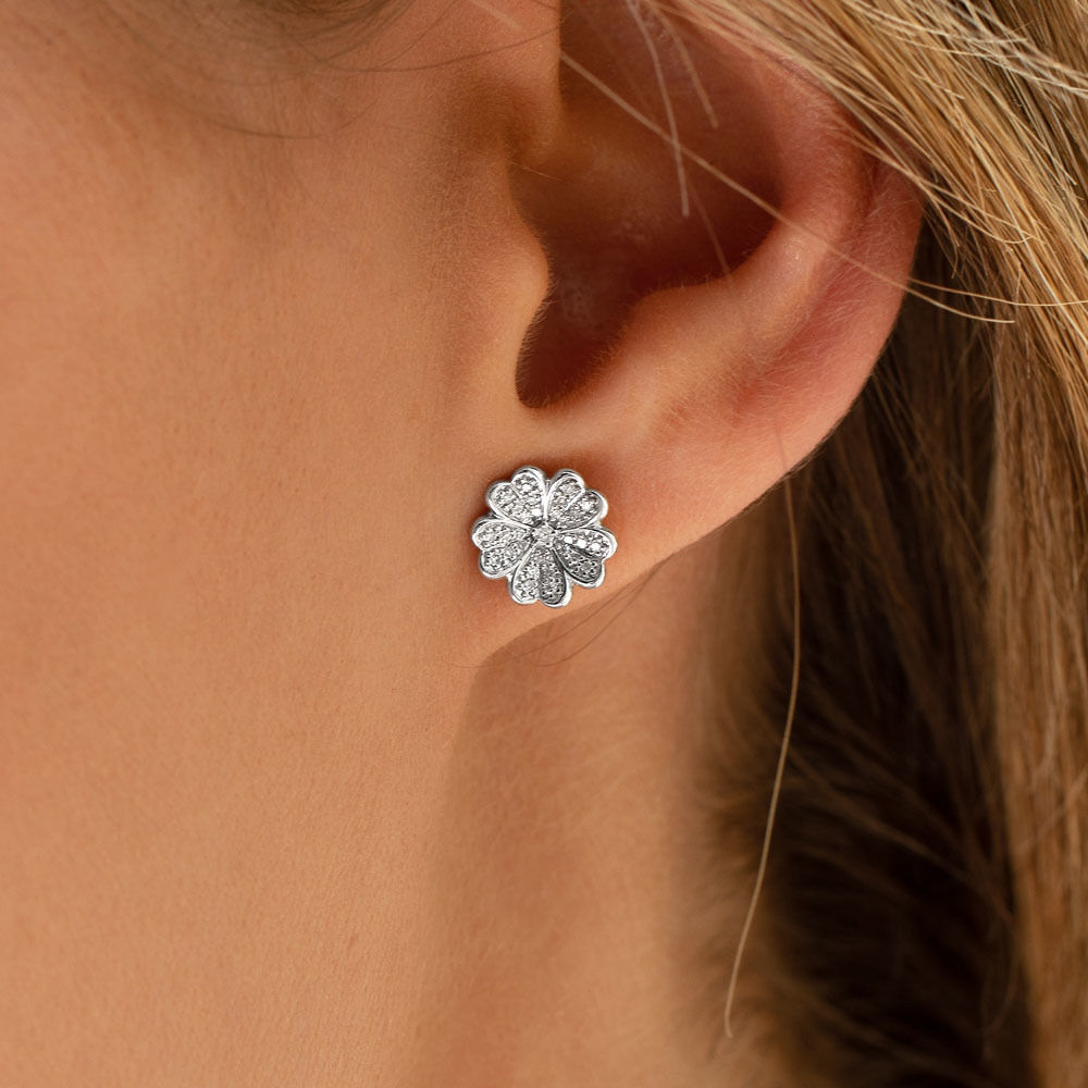 Flower Stud Earrings with 0.12 Carat TW of Diamonds in Sterling Silver