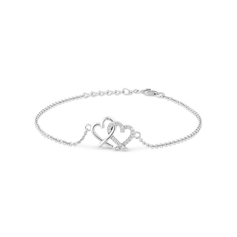 Double Heart Bracelet with White Cubic Zirconia in Sterling Silver