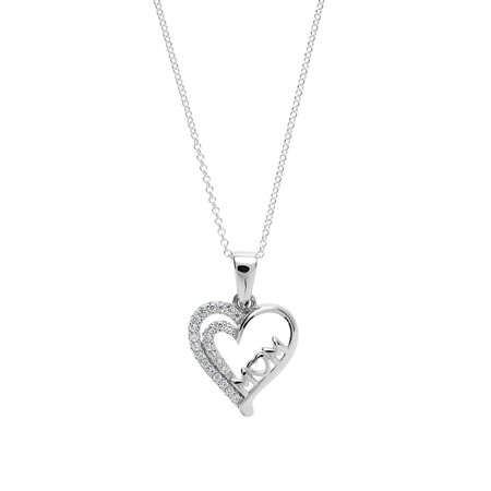 "Mum" Heart Pendant with White Cubic Zirconia in Sterling Silver