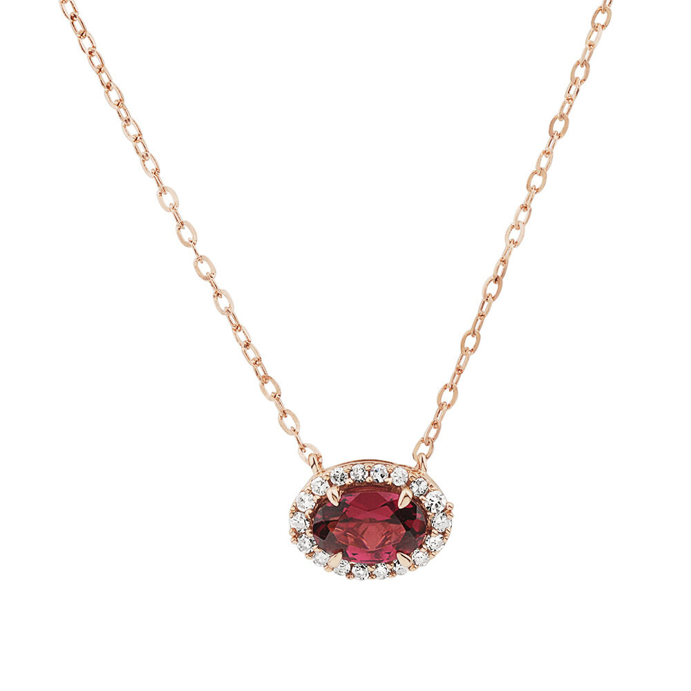 Halo Necklace with Rhodolite Garnet Diamonds in 10kt Rose Gold