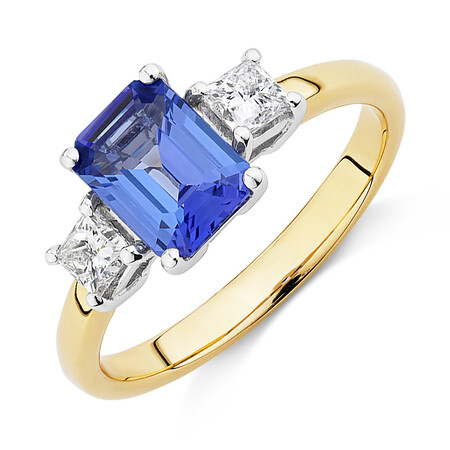 Three Stone Ring with Tanzanite & 0.40 Carat TW of Diamonds in 10ct Yellow & White Gold Three Stone Ring with Tanzanite & 0.40 Carat TW of Diamonds in 10ct Yellow & White Gold
