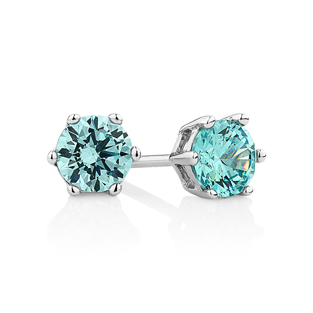 Stud Earrings with Aqua Cubic Zirconia in Sterling Silver