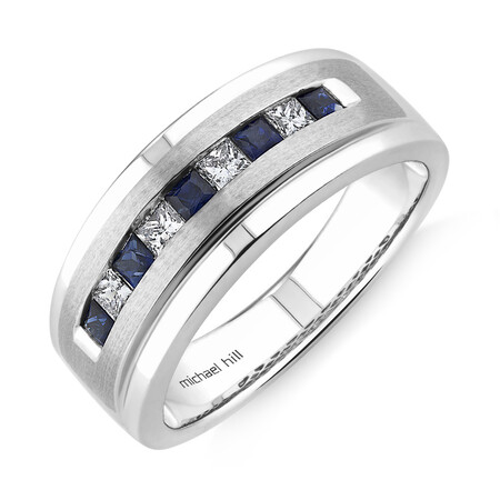 Men's Ring with Sapphire & 0.30 Carat TW of Diamonds in 10kt White Gold