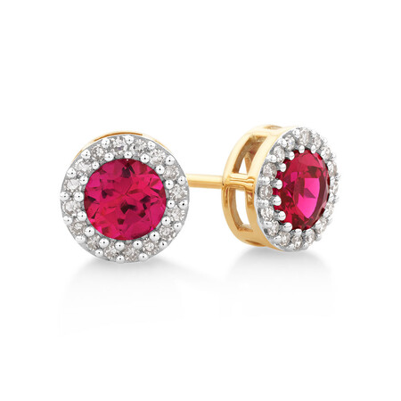 Halo Earrings with Created Ruby & .18 Carat TW of Diamonds in 10kt Yellow gold