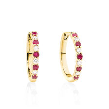 Huggie Earrings with Ruby & 0.20 Carat TW of Diamonds in 10kt Yellow Gold