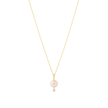 Pendant With Cultured Freshwater Pearl & Diamond In 10kt Yellow Gold
