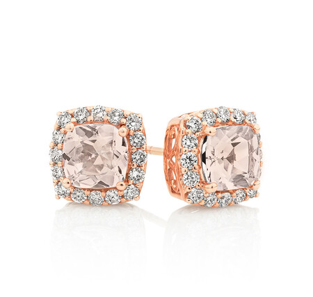 Halo Stud Earrings With Morganite & 0.50 Carat TW Diamonds In 10kt Rose Gold