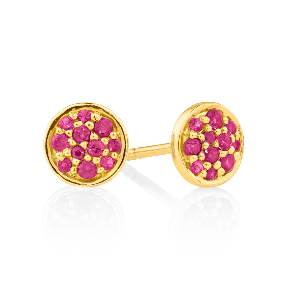 Pave Stud Earrings with Created Ruby in 10ct Yellow Gold