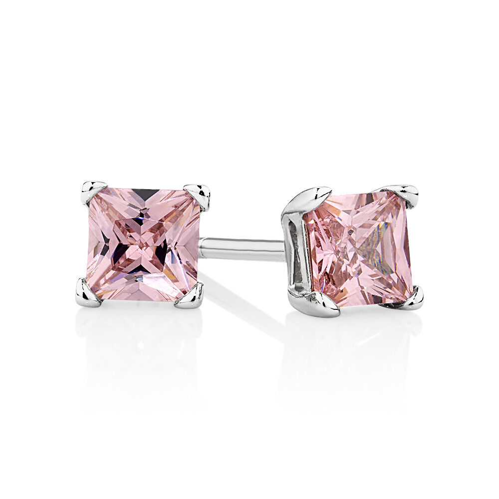Stud Earrings with Pink Cubic Zirconia in Sterling Silver