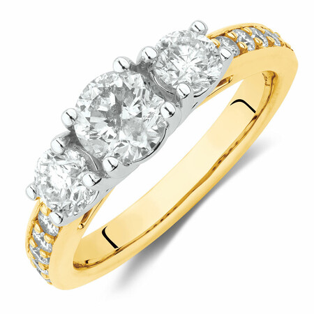 Three Stone Engagement Ring with 1 1/2 Carat TW of Diamonds in 14kt Yellow/White Gold