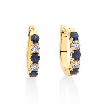 Hoop Earrings with Sapphire & 0.34 Carat TW of Diamonds in 10kt Yellow Gold