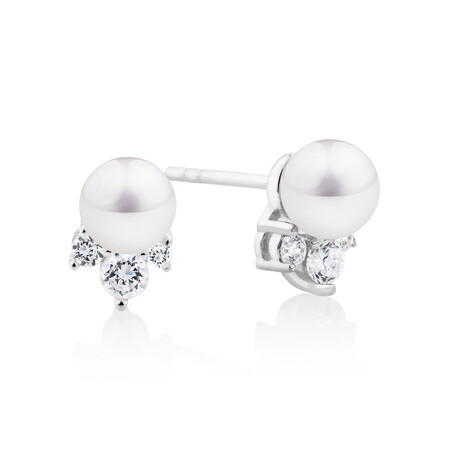 Stud Earrings with Cultured Freshwater Pearl & Cubic Zirconia In Sterling Silver