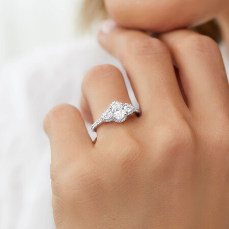 Sir Michael Hill Designer Three Stone Halo Engagement Ring with 1.26 Carat TW of Diamonds in 18ct White Gold Sir Michael Hill Designer Three Stone Halo Engagement Ring with 1.26 Carat TW of Diamonds in 18ct White Gold