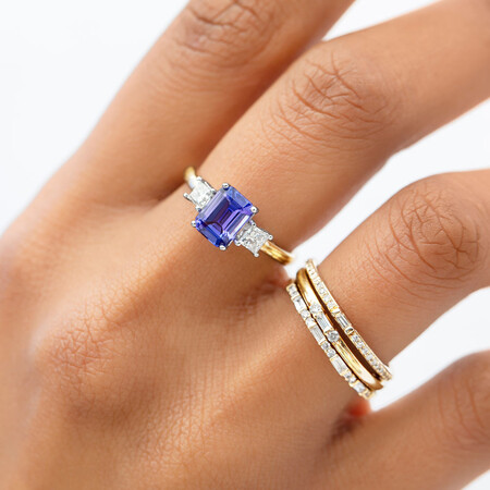 Three Stone Ring with Tanzanite & 0.40 Carat TW of Diamonds in 10ct Yellow & White Gold Three Stone Ring with Tanzanite & 0.40 Carat TW of Diamonds in 10ct Yellow & White Gold