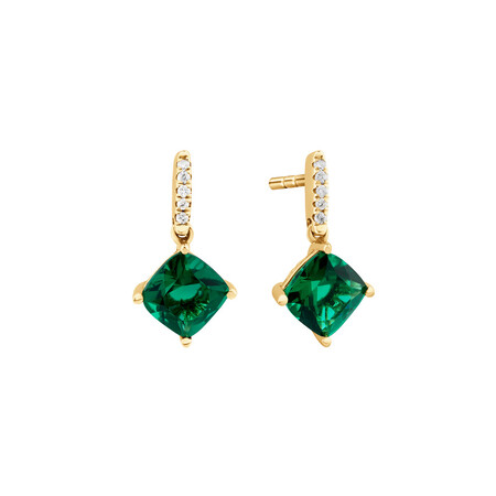 Drop Earrings with Laboratory Created Emerald & Natural Diamonds in 10kt Yellow Gold