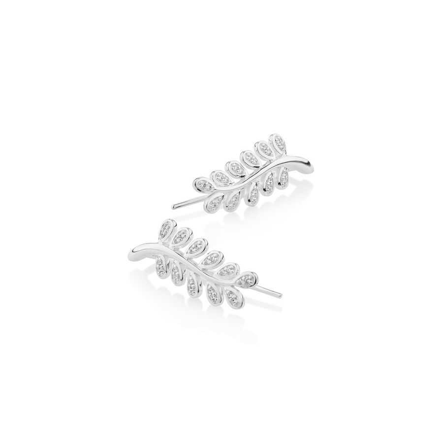 Leaf Climber Earring with Cubic Zirconia in Sterling Silver
