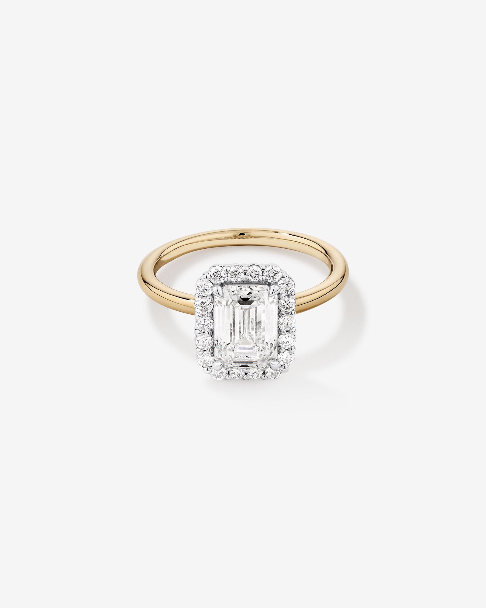 2.34 Carat TW Emerald Cut Laboratory-Grown Diamond Halo Engagement Ring in 14kt Yellow and White Gold