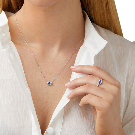 Halo Necklace with Tanzanite & Diamond in 10kt White Gold Halo Necklace with Tanzanite & Diamond in 10kt White Gold