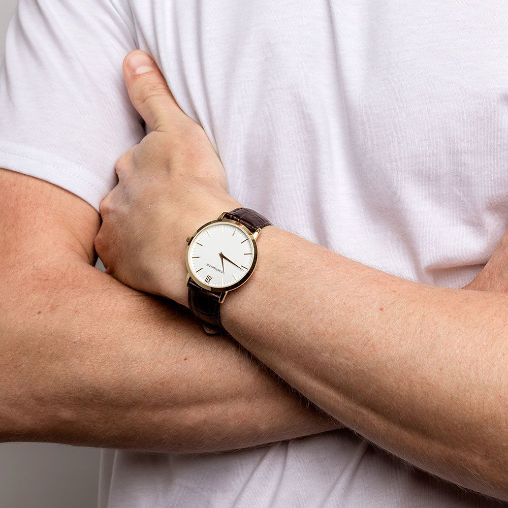 Men's Gold Tone Stainless Steel Watch with Brown Leather